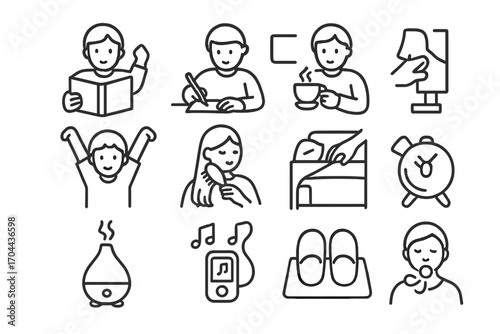 Bedtime Rituals Icons. Line style icons of bedtime rituals: reading book, journal writing, tea sipping, dimming light; stretching