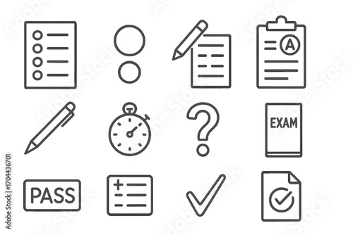 Testing Icons Collection. Line style icons of testing and assessment: answer sheet, multiple choice bubble, pencil test, clipboard
