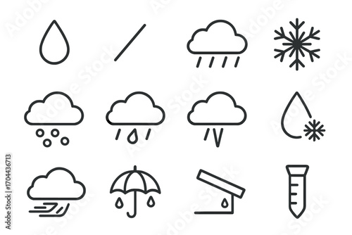 Precipitation Icons Collection. Line style icons of precipitation types: single raindrop, drizzle line, heavy rain icon, snowflake