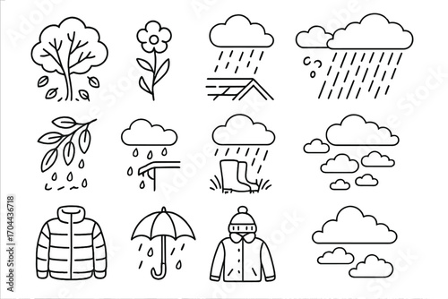 Seasonal Rain Icons. Line style icons of seasonal rain scenes: early fall rain, spring shower, summer downpour, winter drizzle;