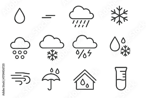 Precipitation Icons Collection. Line style icons of precipitation types: single raindrop, drizzle line, heavy rain icon, snowflake
