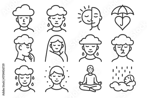 Emotional Weather Icons. Line style icons of emotional weather metaphors: cloud over head, mood with drops, half-sunny face,