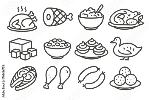 Thanksgiving Feast Icons. Line style icons of Thanksgiving meats and proteins: roasted turkey, ham, stuffing bowl, meat platter;