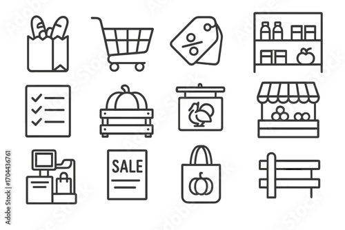 Thanksgiving Shopping Icons. Line style icons of Thanksgiving shopping: grocery bag, shopping cart, discount tag, store shelf;
