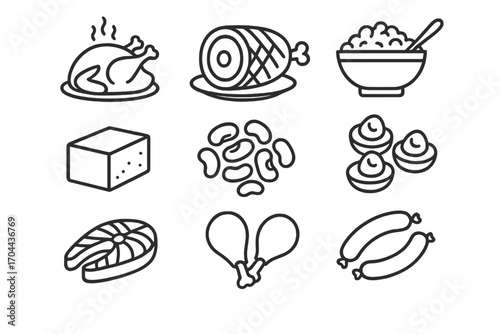 Thanksgiving Feast Icons. Line style icons of Thanksgiving meats and proteins: roasted turkey, ham, stuffing bowl, meat platter;