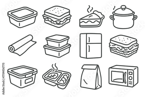 Thanksgiving Leftovers Icons. Line style icons of Thanksgiving leftovers: food container, sandwich, leftover pie, soup pot; foil