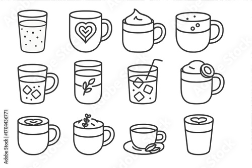 Specialty Coffee Icons. Line style icons of specialty coffee types: nitro cold brew, matcha latte, dalgona coffee, dirty chai;
