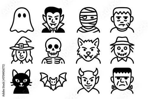 Halloween Character Icons. Line style icons of Halloween characters: ghost, vampire, mummy, zombie; witch, skeleton, werewolf,