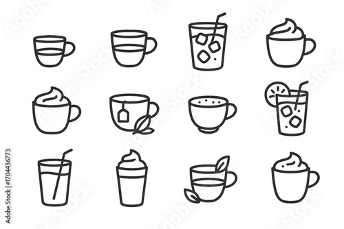 Coffee Menu Icons. Line style icons of coffee menu items: espresso shot, double shot, iced latte, hot chocolate; chai latte, tea,