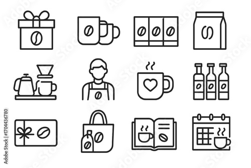 Coffee Gift Icons. Line style icons of coffee-themed gifts: coffee gift box, mug set, sampler pack, bean subscription; brewing kit