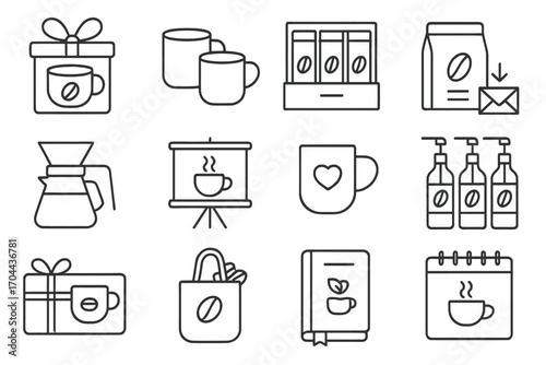 Coffee Gift Icons. Line style icons of coffee-themed gifts: coffee gift box, mug set, sampler pack, bean subscription; brewing kit