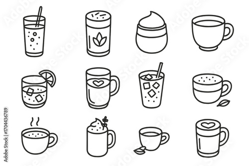 Specialty Coffee Icons. Line style icons of specialty coffee types: nitro cold brew, matcha latte, dalgona coffee, dirty chai;