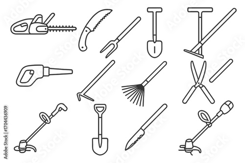 Garden Tool Icons. Line style icons of garden maintenance tools: hedge trimmer, pruning saw, weed puller, edging tool; leaf blower