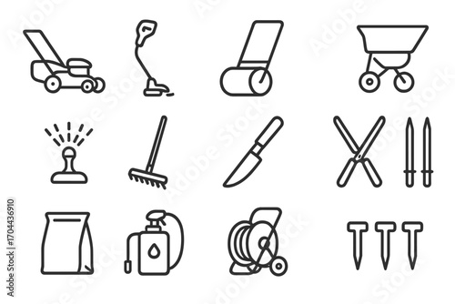 Lawn Care Tool Icons. Line style icons of lawn care tools: push mower, grass trimmer, lawn roller, seed spreader; sprinkler, turf