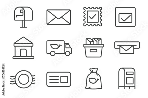 Postal Logistics Icons. Line style icons of postal logistics: mailbox, envelope, postal stamp, certified mail; post office, mail
