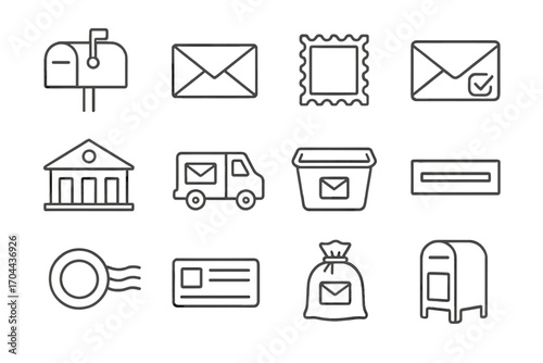 Postal Logistics Icons. Line style icons of postal logistics: mailbox, envelope, postal stamp, certified mail; post office, mail