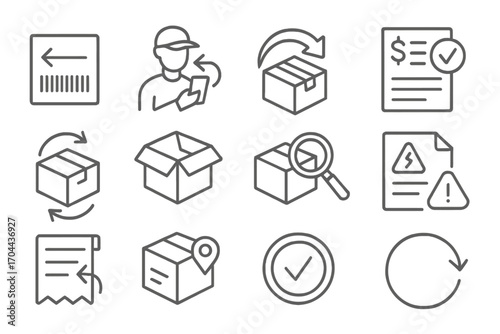 Reverse Logistics Icons. Line style icons of reverse logistics: return label, pickup request, return box, refund form; restocking,