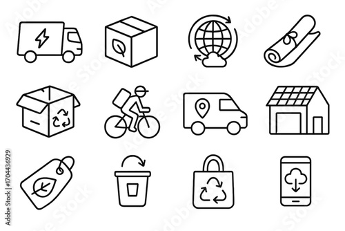 Sustainable Logistics Icons. Line style icons of sustainable logistics: electric truck, eco packaging, carbon offset, paper wrap;