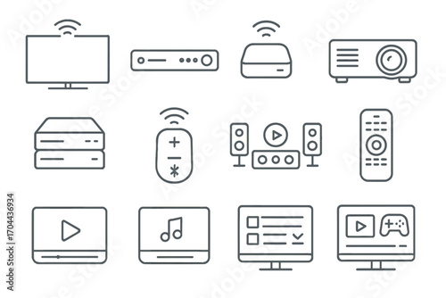 Smart Entertainment Icons. Line style icons of smart entertainment: smart TV, soundbar, streaming box, smart projector; media