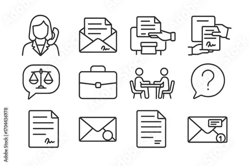 Legal Communication Icons. Line style icons of legal communication: phone call with lawyer, email with contract, legal fax,
