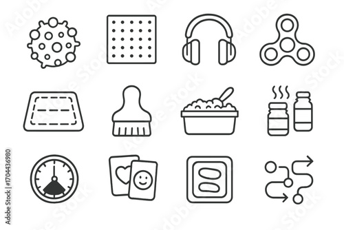 Sensory Tools Icons. Line style icons of sensory tools: squishy ball, textured mat, noise-canceling headphones, fidget spinner;