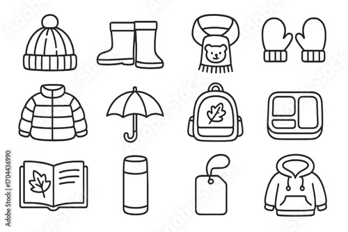 Autumn Kids Accessories. Line style icons of autumn accessories for kids: knitted cap, rain boots, scarf with bear, mittens; puffy