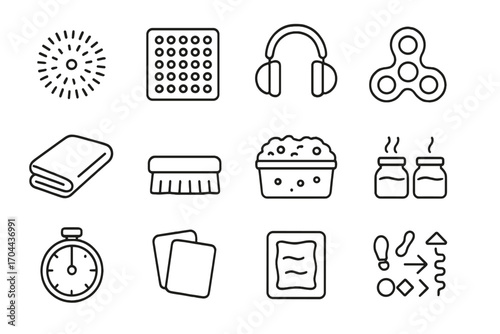 Sensory Tools Icons. Line style icons of sensory tools: squishy ball, textured mat, noise-canceling headphones, fidget spinner;