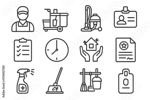 Cleaning Equipment Icons. Line style icons of professional cleaning: cleaner uniform, janitor cart, commercial vacuum, staff badge