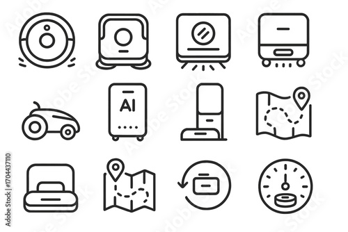Robotic Appliances Icons. Line style icons of robotic appliances: robotic vacuum, robotic mop, smart window cleaner, auto-dusting