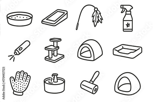 Cat Care Essentials Icons. Line style icons of cat care: litter box, scratching pad, teaser toy, catnip spray; laser pointer,