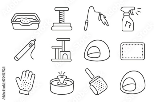 Cat Care Essentials Icons. Line style icons of cat care: litter box, scratching pad, teaser toy, catnip spray; laser pointer,