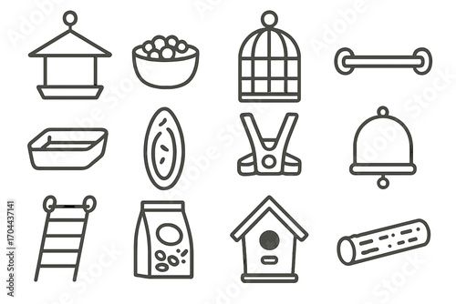 Bird Care Icons. Line style icons of bird care: bird feeder, seed cup, cage, perch; bath tray, cuttlebone, flight harness, toy