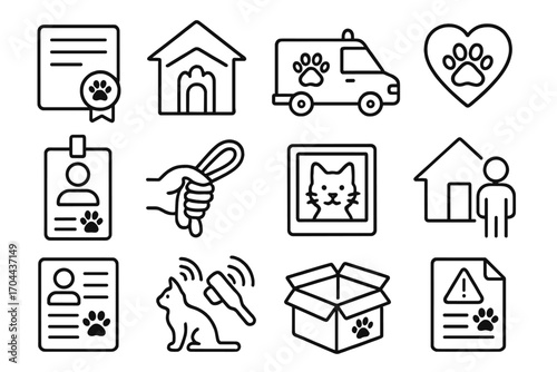 Pet Adoption Icons. Line style icons of pet adoption and rescue: adoption certificate, shelter building, rescue van, heart paw;