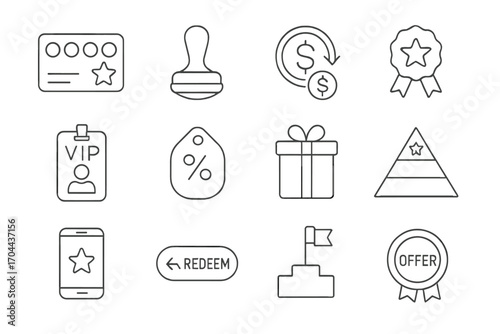Loyalty Icons Collection. Line style icons of loyalty programs: points card, loyalty stamp, cashback icon, reward badge; VIP pass,