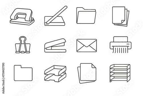 Paper Handling Icons. Line style icons of paper handling tools: hole punch, paper cutter, folder, paper stack; binder clip,