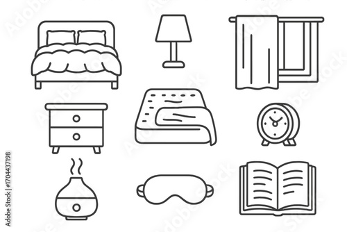 Cozy Bedroom Icons. Line style icons of cozy bedroom setup: bed, headboard, fluffy comforter, bedside lamp; nightstand, soft