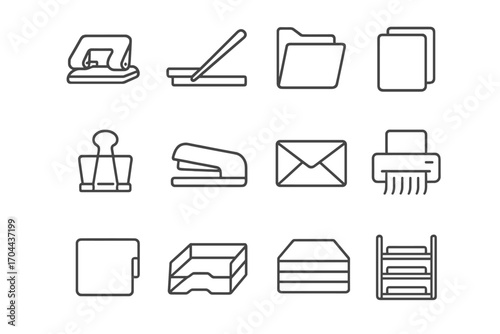 Paper Handling Icons. Line style icons of paper handling tools: hole punch, paper cutter, folder, paper stack; binder clip,