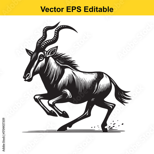 Vector art of black and white illustration of a running antelope