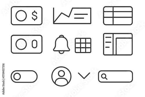 Line Style Dashboard Icons. Line style icons of dashboard UI kits: stat box, chart icon, table view, filter tool; KPI card,