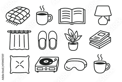Chill Weekend Icons. Line style icons of chill weekend setup: blanket, coffee mug, open book, home light; curtain, slippers,