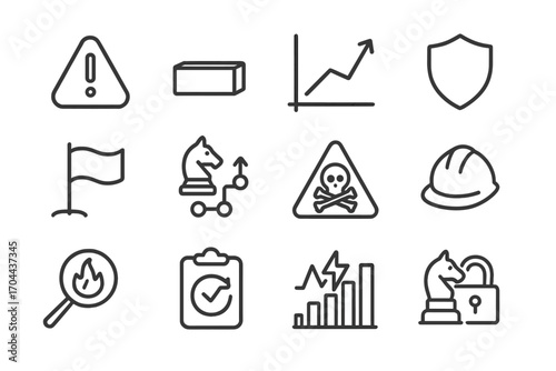 Risk Challenge Icons. Line style icons of risk and challenge: warning icon, obstacle block, rising graph, shield icon; challenge