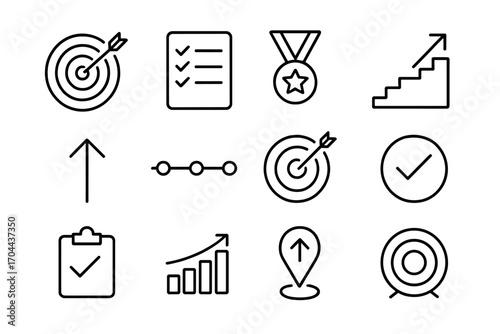Business Goal Icons. Line style icons of business goals: dartboard, checklist, achievement medal, staircase; direction arrow,