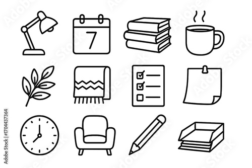 Restful Work Icons. Line style icons of restful work accessories: lamp, date block, book pile, mug of coffee; leafy decor, blanket