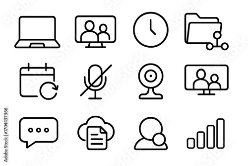 Remote Work Icons. Line style icons of remote work tools: laptop icon, video call, digital clock, shared folder; calendar sync,