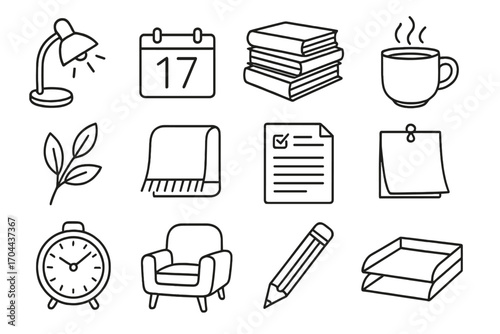 Restful Work Icons. Line style icons of restful work accessories: lamp, date block, book pile, mug of coffee; leafy decor, blanket