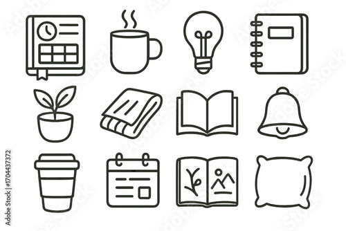 Comfort Tools Icons. Line style icons of efficient comfort tools: time planner, coffee, lamp bulb, notebook; desk flower, warm