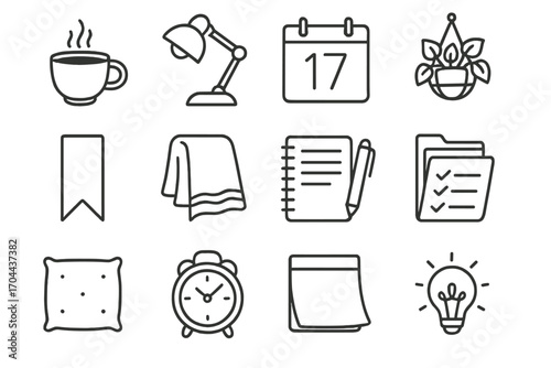 Cozy Desk Icons. Line style icons of cozy and organized desk: coffee icon, focus lamp, calendar date, hanging plant; bookmark,