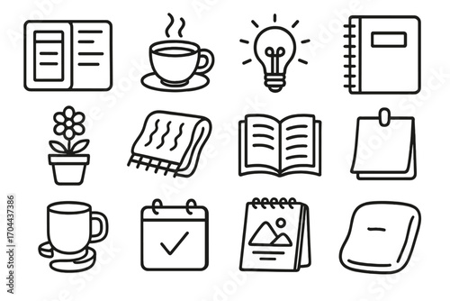 Comfort Tools Icons. Line style icons of efficient comfort tools: time planner, coffee, lamp bulb, notebook; desk flower, warm