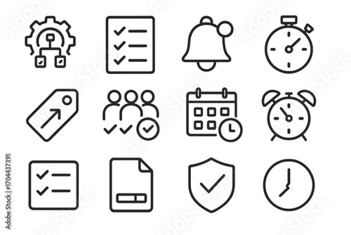 Workflow Icon Set. Line style icons of efficient workflow: workflow gear, checklist, reminder icon, stopwatch; priority tag, task