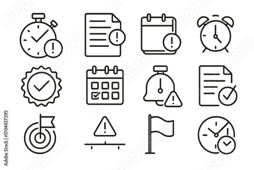 Deadline Management Icons. Line style icons of deadline management: stopwatch check, urgent task, planner tag, status alarm;
